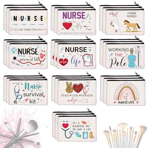 Irenare 30 Pcs Nurse Appreciation Week Gifts Nurse Survival Kit Canvas Makeup Bags Cosmetic Peace Love Nursing Travel Toiletry Case Earpiece Toiletry Zipper Pouch Bag Thank You Gift(Nurse)