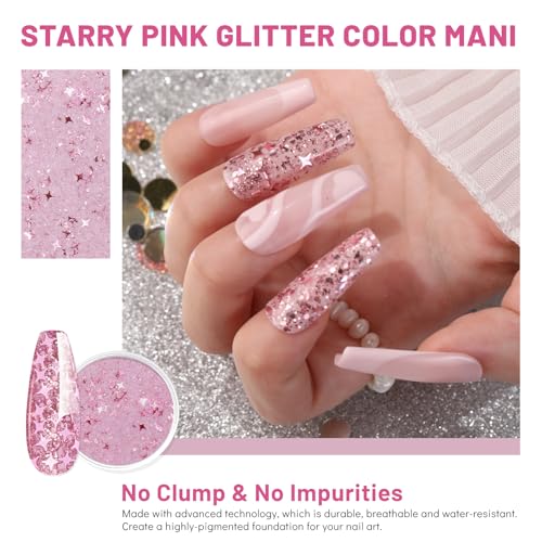 Aokitec Starry Pink Glitter Colors Dip Powder, 1OZ Glitter Pink Dip Powder for French Manicure Nail Starter & Professional Home DIY Salon Use Shinny Dip Nails Long-lasting 28 Days