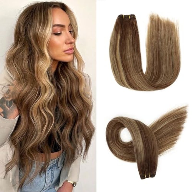 Sew in Hair Extensions Real Human Hair, 110g 20 inch Ombre Color 4/27/4 Balayage Chocolate Brown to Caramel Blonde Double Weft Weave Bundles Remy Human Hair Extensions Straight