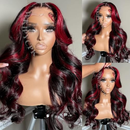 Red Highlight Lace Front Synthetic Wig Black Hair with Red Skunk Stripe 13x4 HD Lace Front Wigs Pre Plucked Heat Resistant 24 Inch Long Body Wave Wig for Fashion Women