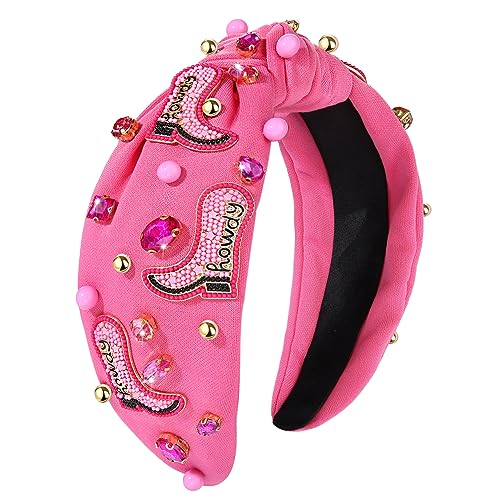 Western Cowgirl Headband Accessories for Women Beaded Cowboy Boot Embellished Headband Rhinestone Crystal Pearl Top Knot Hairband Rodeo Nashville Bachelorette Party Country Concert Outfit (Hot Pink)