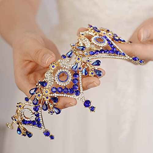 Wekicici Baroque Queen Crown Blue Crystal Tiara Rhinestone Princess Wedding Headband for Women Birthday Pageant Party(Blue)