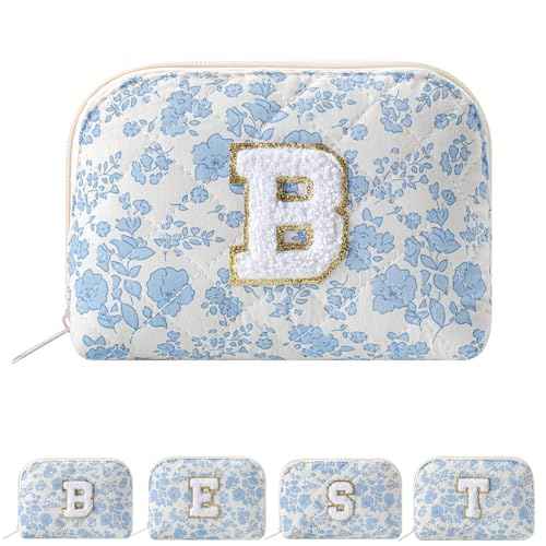 JOVAKIT Conch Alphabet Makeup Bag Cosmetic Bag for Women, Christmas Gifts for Women Girls, Blue Floral Coquette Travel Bag, Zipper Make Up Pouch Organizer Trendy Stuff (Blue Floral B)