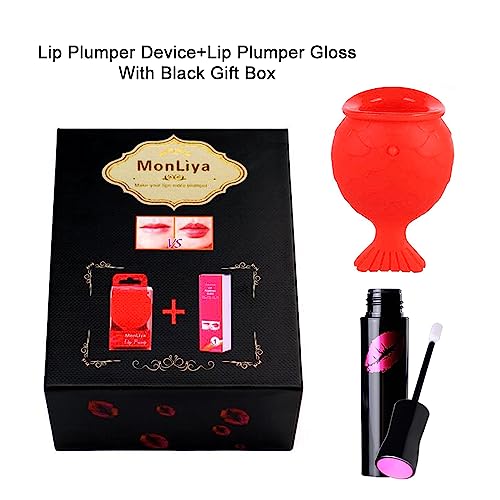 Lip Plumper Device+Lip Plumper Gloss Set,Fish Shape Lip Plumping Tool Kit,Lip Enhancer Chemical Way+Physical Way Natural Pout Mouth Tool Lip Care Serum Lip Balm Sexy Big Lip Moisturizing Lip Plumping