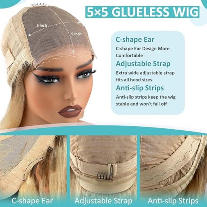 5X5 Wear And Go Blonde Wig Human Hair 2.0-613 Upgraded Brown Roots 200% Density Ombre 2 Tone Blonde Wig For Women UHD Pre-Cut Lace Bob Wigs No Mix Fiber Brazilian Virgin Hair 10 Inch