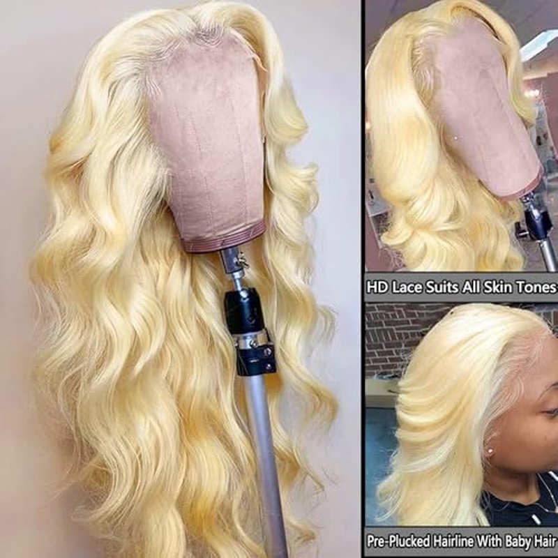 613 13x6 Lace Front Wig Human Hair Blonde Body Wave Glueless HD Lace Frontal Wigs Pre Plucked with Baby Hair for Black Women 180% Density 28 Inch