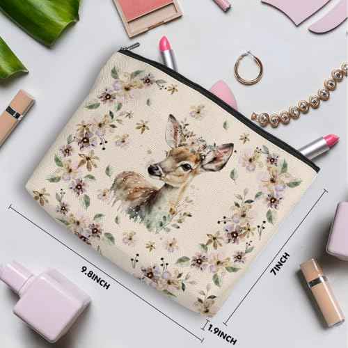 Retro Western Deer Makeup Bag Cosmetic Bag Wildflower Deer Gifts for Women Deer Lovers Western Accessories for Women Girls Mom Best Friend Sister Cow Lovers Christmas Birthday Friendship Gifts