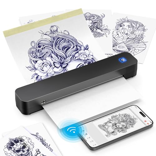 Wireless Tattoo Stencil Printer ? Bluetooth Thermal Tattoo Printer Machine with 10 Transfer Papers, Portable Tattoo Kit for Artists, Compatible with Smartphone & PC, Black