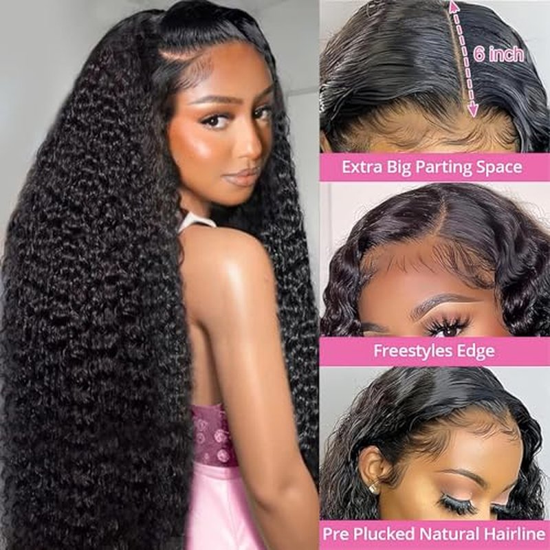 Deep Wave Lace Front Wigs Human Hair 200 Density 13x6 HD Transparent Lace Front Wigs for Women Pre Plucked Deep Curly Lace Frontal Wig Human Hair Glueless Wigs Natural Black 28 Inch