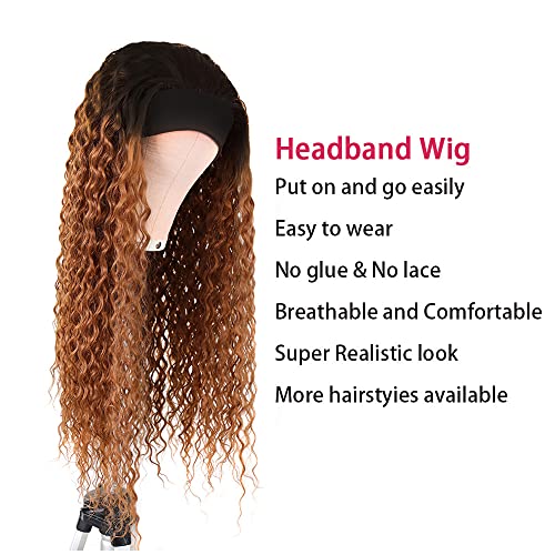 Ombre 1B30 Deep Wave Headband Wig Brown Human Hair Wig Dark Root 130% Density Brazilian Virgin Hair Machine Made Wigs for Women Dark Brown Color 12 Inch