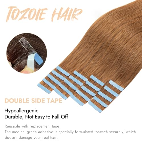 Tape in Human Hair Extensions Straight Seamless Hair Extensions Real Human Hair Tape-in 20 Inch Color #30 Auburn Brown 50Gram Remy Seamless Skin Weft 20Pcs Double Sided Tape ins Add Length for Women