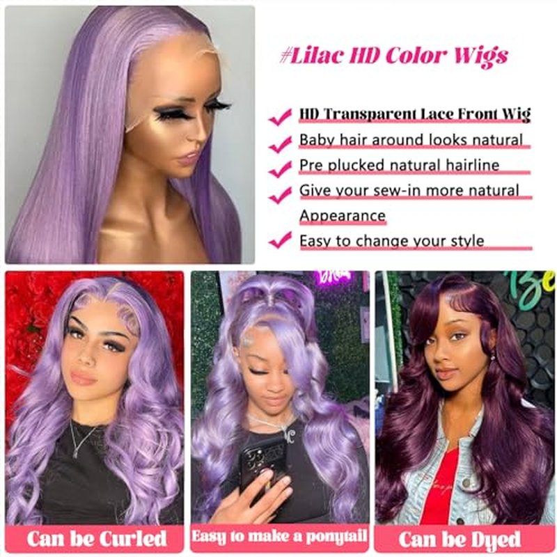 Purple Lace Front Wigs Human Hair 150% Density 13x4 HD Lilac Lace Front Wigs Human Hair with Baby Hair Wear and Go Straight Purple Wigs Pre Plucked Bleached Knots(Deep Purple Wigs with Five Gifts)