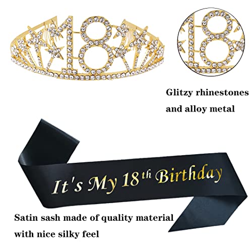 Mayin Happy 18th Birthday Tiara and Sash Gifts Crystal Rhinestone Princess Crown Birthday Girl Party Favor Supplies Gold Crowns Black Sash