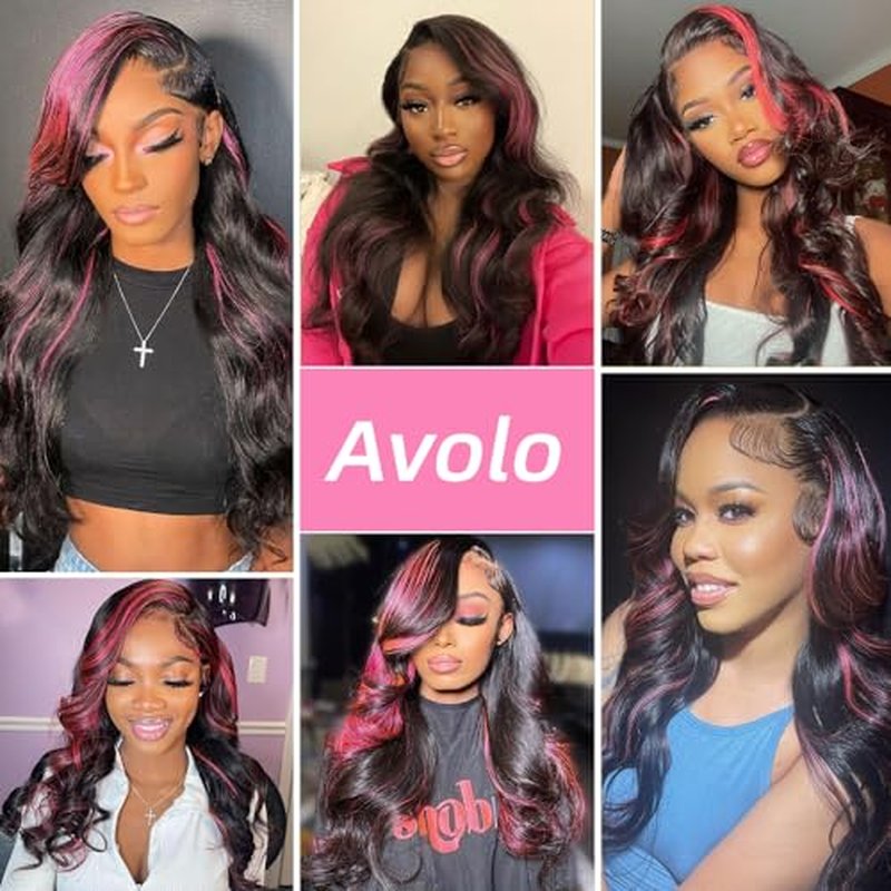 Avolo Highlight Ombre Lace Front Wig Human Hair 13x4 Body Wave 1B/Pink Colored Lace Front Wig Human Hair Pre Plucked With Baby Hair Black And Pink Wig Human Hair 180% Density 24 Inch Skunk Stripe Wig