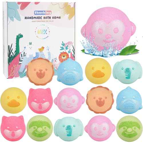 SHUCHING 14 Pcs Animal Bath Bombs with Surprise Inside, Natural and Organic Bubble Bath Fizzy Balls, Birthday Christmas Halloween Gifts Set