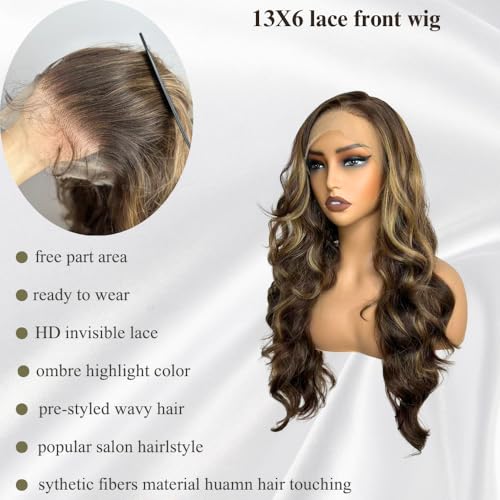 Ombre Brown Highlight Lace Front Wigs 13X6 Body Wave Synthetic Lace Front Wig For Black Women Highlight Wavy Wigs HD Glueless Lace Frontal Wigs Free Part Ready To Wear Wig