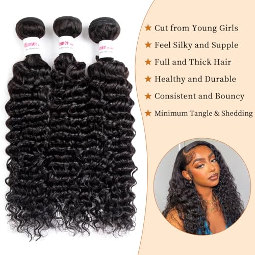 12A Deep Wave Human Hair Bundles 24Inch Curly Bundles Human Hair 100% Unprocessed Human Hair Bundles Deep Wave Weft Extensions Weave Natural Black 100g