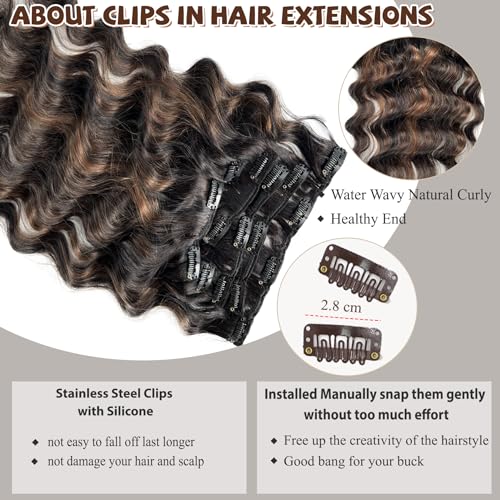 Curly Clip in Hair Extensions Seamless Clip in Hair Extensions Remy Human Hair Ombre Natural Black to Chestnut Brown Hair Extensions Invisible PU Skin Weft Soft Natural Clip ins£¨20in£©