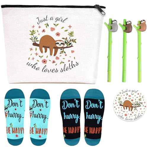 Sloth Gift, Includes Sloth Makeup Bag, Cute Sloth Socks, Sloths Writing Gel Ink Pen & Mini Round Mirror, Just a Girls Who Loves Sloths, Sloth Lover Gifts, Birthday Gifts, Sloths Gifts for Women Girls