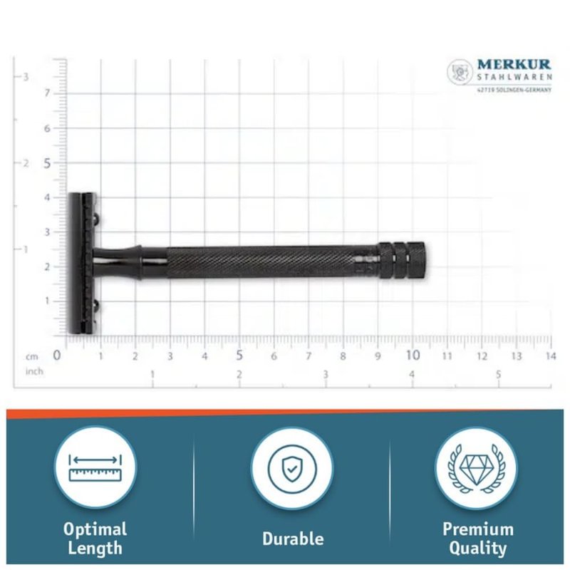 MERKUR 23B Double Edge Safety Razor - Black Long Knurled Brass Handle Made in Germany Plastic-Free Three Piece Design Closed Comb Straight Bar