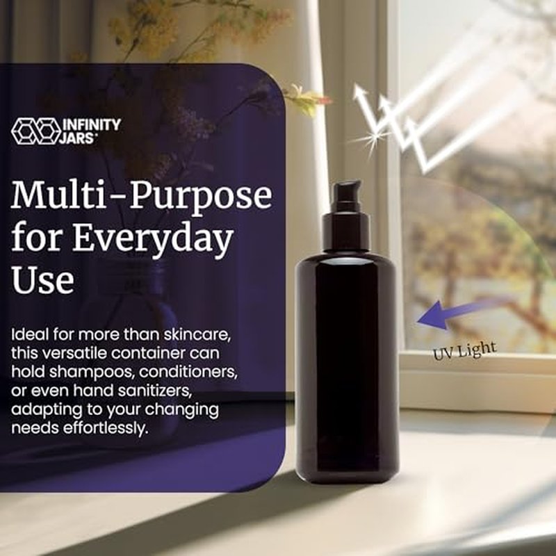 Infinity Jars 200 Ml (6.8 fl oz) Refillable Ultraviolet Black Glass Pump Bottles Leak-Proof Travel Containers for Toner, Sanitizer, Beard Oil, Hair Serum, Essential Oils 10-Pack