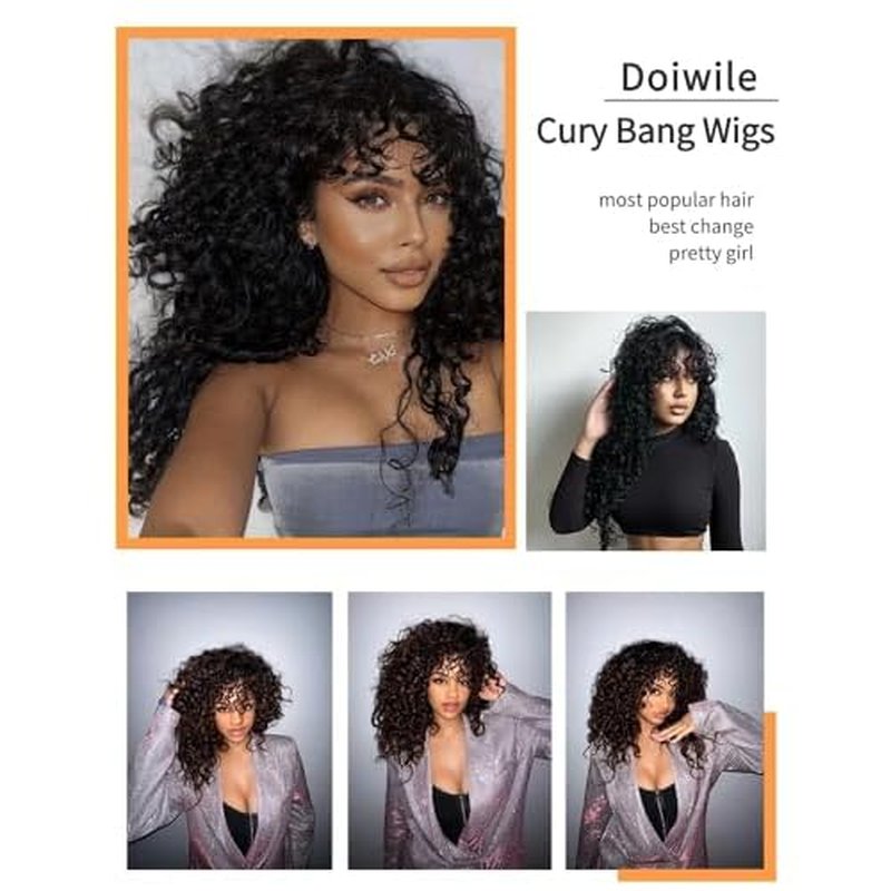 Curly Wig with Bangs Human Hair for Black Women 4x4 HD Lace Closure Wigs Human Hair long Black Wig with Bangs Glueless Wigs Human Hair 22inch