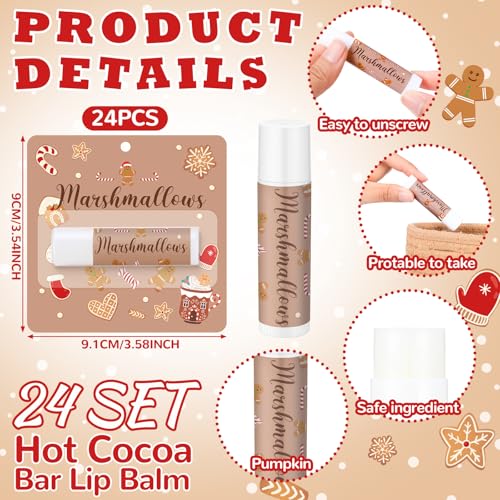 24 Pcs Hot Cocoa Bar Flavor Lip Balms Bulk Hot Chocolate Coffee Bar Supplies for Guest Lip Balm Gift Set Travel Size Lipstick Winter Baby Shower Christmas Birthday Favors Decorations