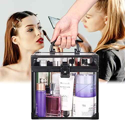 Noverlife Portable Crown Case for Pageants, 8x7x7.5inch Clear Makeup Tools Storage, Large Cosmetic Display, Travel Toiletry Organizer Train Box With Latches, Tiara Storage for Women
