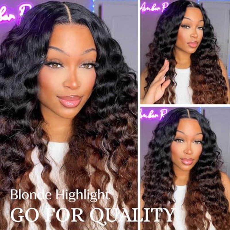 ALHER 12A Ombre Human Hair 3 Bundles Water Wave, Salon Quality Soft Thick Chestnut Brown Ombre Curly Bundles Wet and Wavy 100% Remy Hair #T1B/2/30 Dark Root to Medium Auburn Sew In Weave 10/12/14 Inch