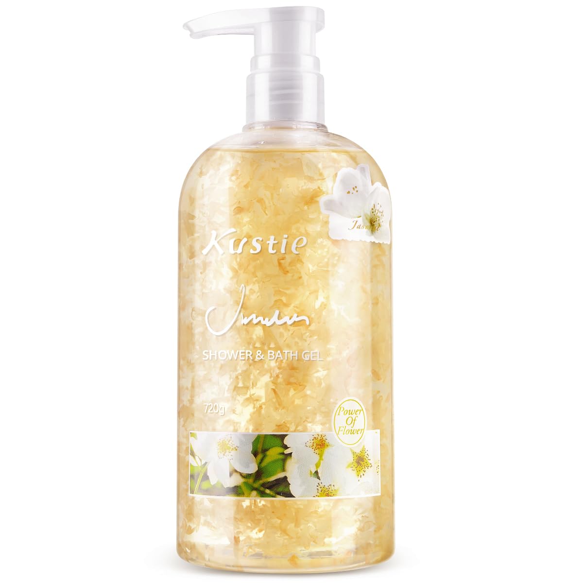 Kustie Jasmine Body Wash with Real Flower Petals – Hydrating Shower Gel with Hyaluronic Acid, Niacinamide & Squalane, Moisturizing Floral Body Wash for Dry & Sensitive Skin, 24.3 fl oz