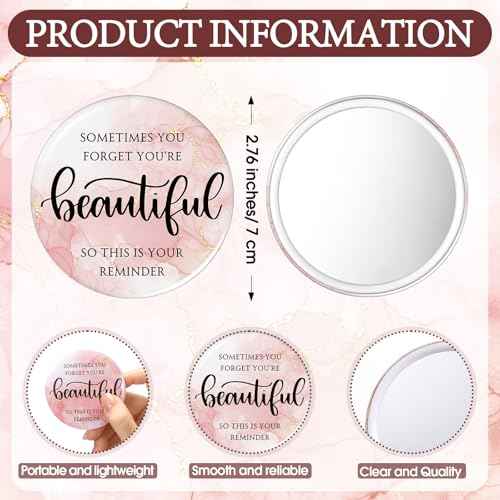 50 Pcs Inspirational Mini Compact Mirror Bulk for Women Christmas Pink Pocket Gifts Portable Round Purse Mirrors Thank You Reminder Gift for Coworker Employee Staff Nurse