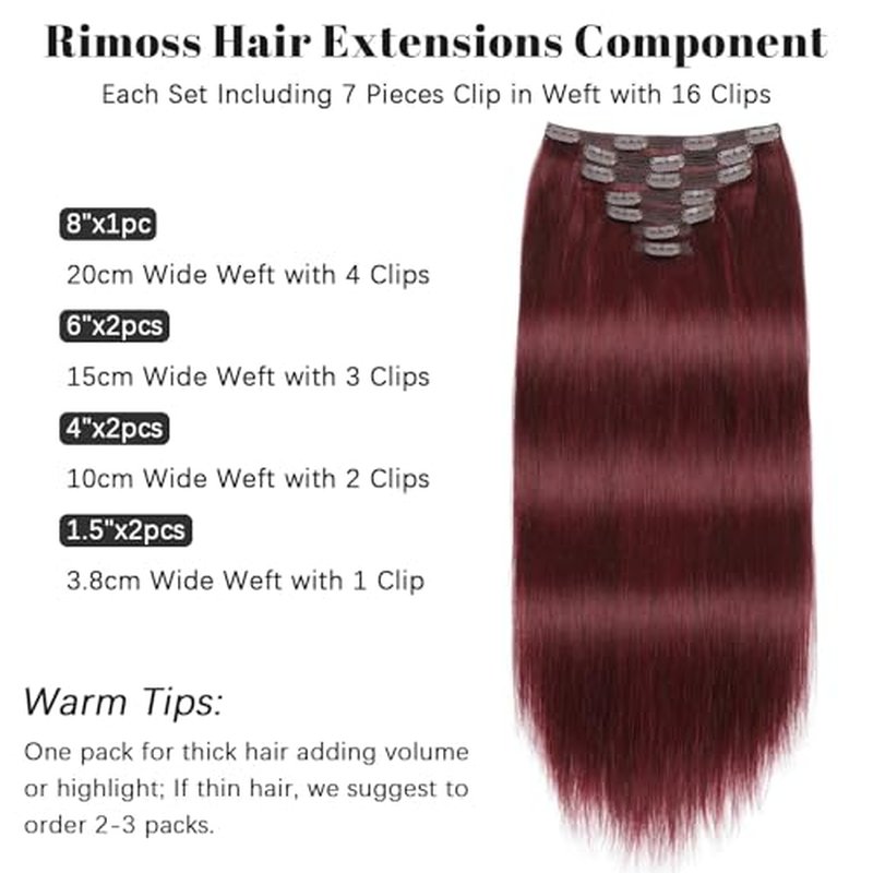 Clip in Hair Extensions Real Human Hair - 160g 20 Inch 7pcs, Burgundy Red Color - Premium Soft Hair Extensions Real Human Hair Clip ins Straight Double Weft for Women (#99J 20 Inch)