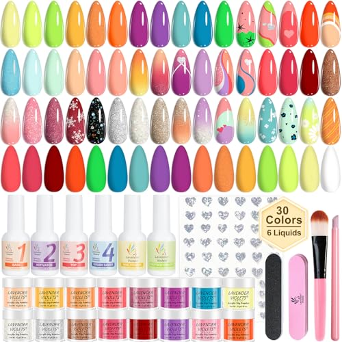 Lavender Violets 94Pcs Dip Powder Nail Kit Starter, 30 Neon Colors Red Purple Green Orange Yellow with Dipping Powder Liquid Set and Nail Art Tool for Colorful DIY Manicure B703
