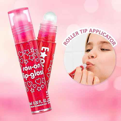 EXPRESSIONS 16pc Roller-Ball Glitter Lip Gloss Set, 8 Assorted Fruit Flavored Roll On Rollerball Lip Gloss for Kids, Safe, Non Toxic Kids Makeup Set