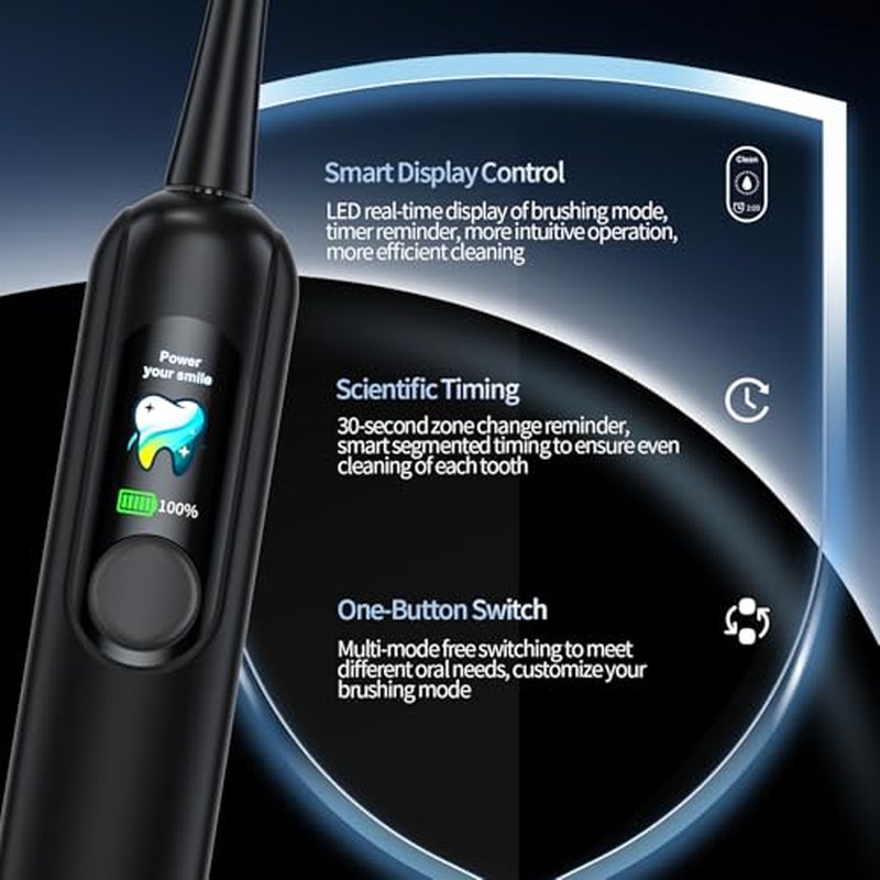 Sonic Electric Toothbrush for Adults: 38400 VPM Deep Clean with Smart Display, 6 Brush Heads, 4 Modes & 45-Day Battery, IPX7 Waterproof Rechargeable Toothbrushes Built-in Smart Timer for Home/Travel