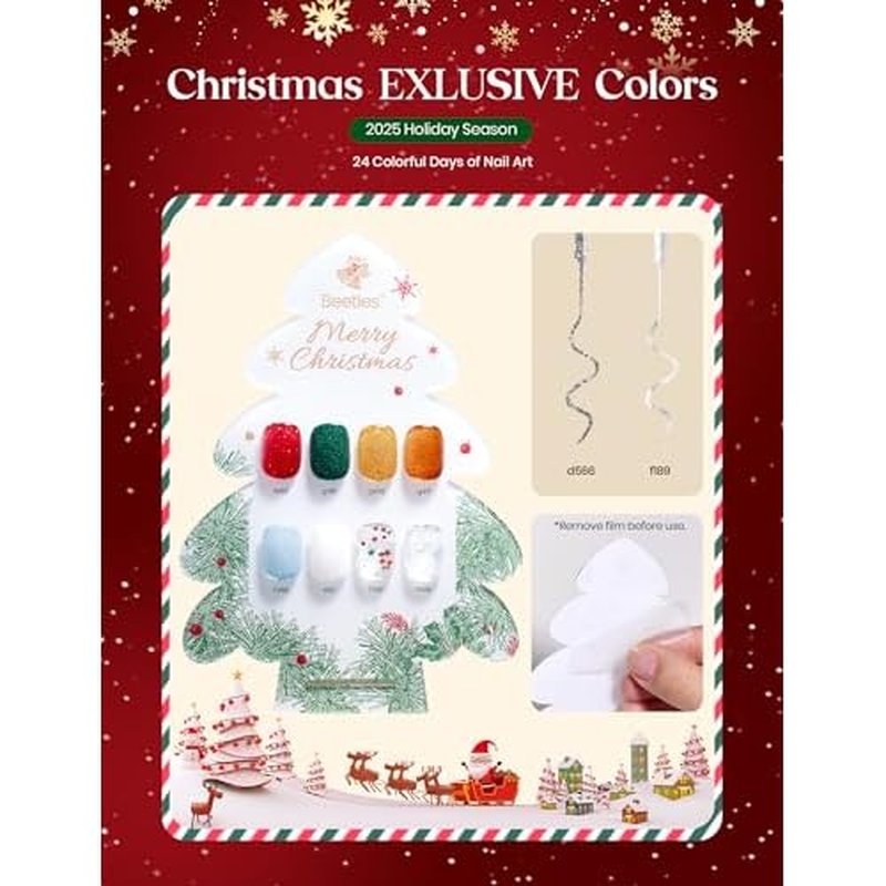 beetles Gel Polish Merry Glitzmas 2025 Christmas Advent Calendar ? 24 Days Christmas Countdown Nail Art Set with Mini LED Nail Lamp Base Top Coat and Festive Holiday Surprises Gifts for Women Girls