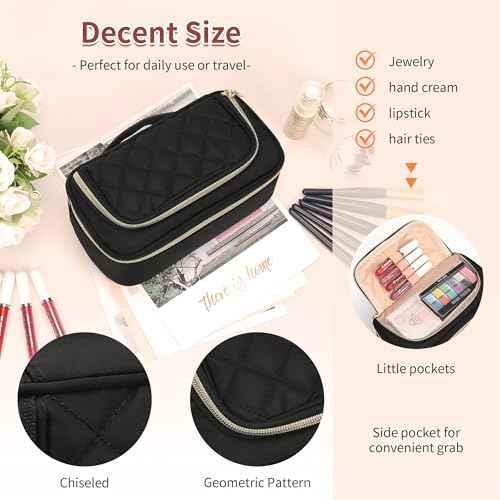 OCHEAL Small Makeup Bag with Zipper Pouch,Portable Cute Travel Makeup Bag Pouch for Women Girls Makeup Brush Organizer Cosmetics Bags with Compartment-Nylon Black
