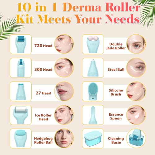 Derma Roller Set - UUPAS 10 in 1 Microneedling Roller Kit for Face, Body, Hair, Beard and Scalp - Ice Face Rollers for Women and Men with Storage Case