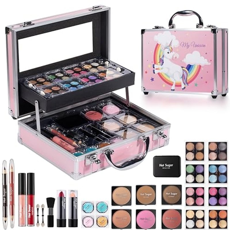 Hot Sugar Makeup Kit for Girls, Kids Makeup Set with Unicorn Train Case Includes Eyeshadow Palette, Blush, Lipstick, Lip Pencil, Eye Pencil