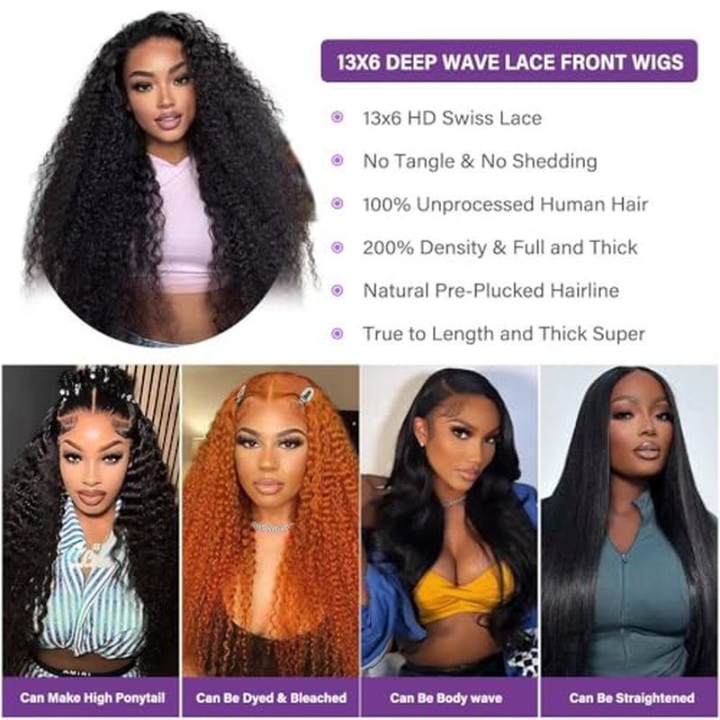 22 Inch Deep Wave Lace Front Wigs Human Hair 13x6 HD Lace Front Wigs Human Hair Pre Plucked Brazilian Curly Wig Human Hair 200 Density Glueless Frontal Wigs with Baby Hair For Women