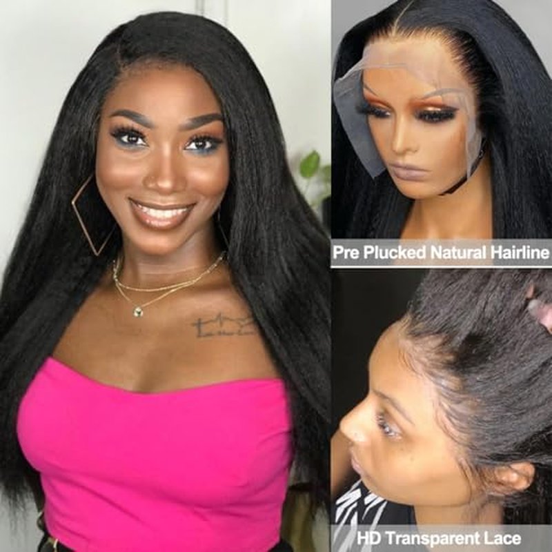13X6 Kinky Straight Wig 16inch Yaki Straight Human Hair Wig 180% Density 13X6 HD Lace Front Wigs Human Hair Pre Plucked Glueless KinkyStraight Human Hair Wigs