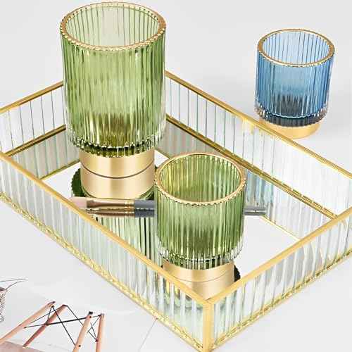 Makeup Brush Holder Organizer, Heavy Crystal Glass Brush Storage Holder, Vintage Cosmetic Make Up Bathroom Brushes Cup Pen Pencil Toothbrush Holder Striped Vase (S+L (green))
