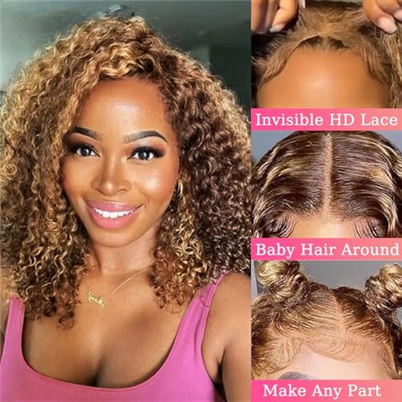Highlight Ombre 13x6 Bob Wig Human Hair Deep Curly Frontal Lace Wig Human Hair HD Transparent Lace Front Wigs Pre Plucked Lace Frontal Wigs 16 Inch