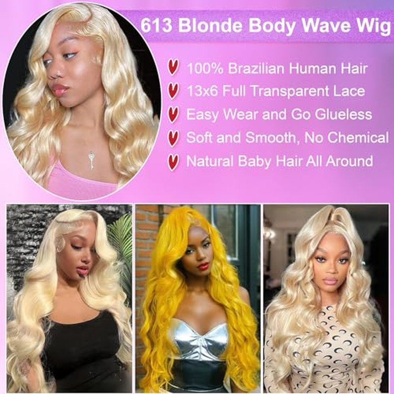 613 Blonde 28 Inch 13X6 HD Lace Front Wigs Human Hair Body Wave 613 Wig Loose Body Wave 13X6 Transparent Lace Frontal Wigs 100% Human Hair Pre Plucked with Baby Hair Daily Wear Wig for Woman