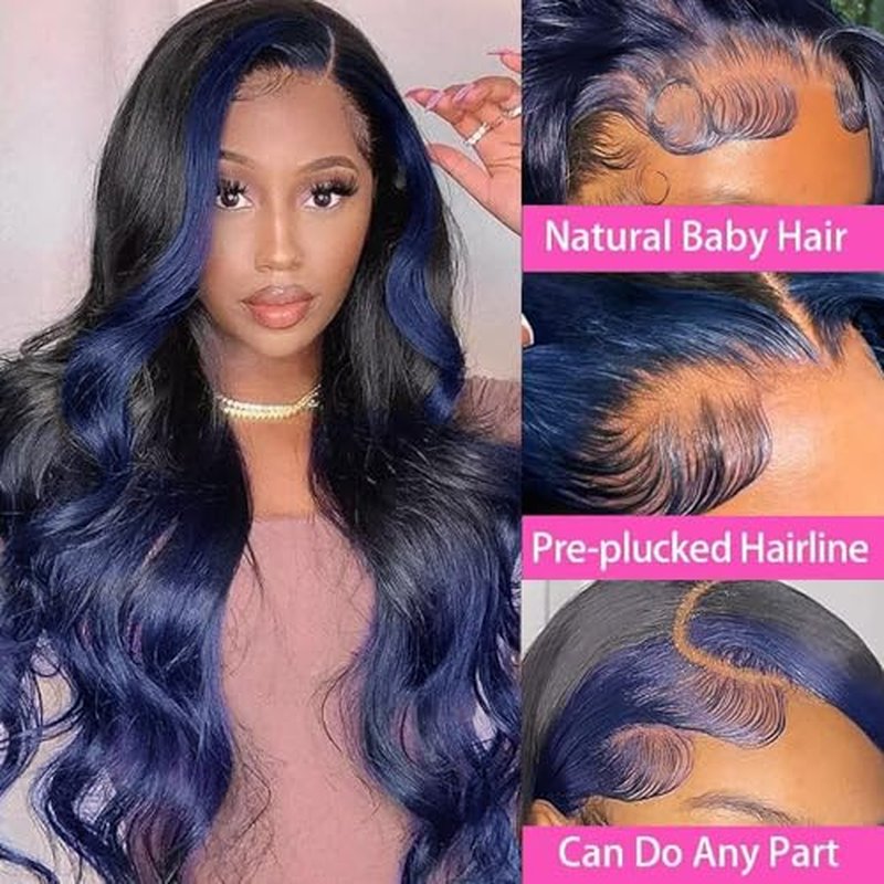 YMS Blue Lace Front Wig Human Hair 180% Density Dark Blue Real Hair Wigs for Women Bleached Knots Ombre Glueless Wigs Pre Plucked with Baby Hair 18 Inch Body Wave Colored 13x4 Lace Frontal Wig