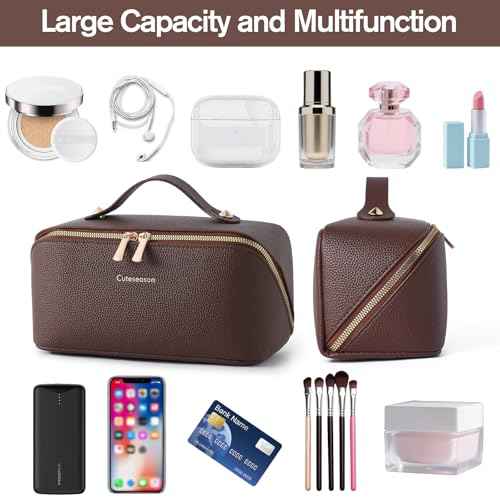 Makeup Bag, Travel Toiletry Bag for Women, Large Capacity Waterproof PU Leather Cosmetic Bags Make Up Organizer Bags with Headband and Wristband Set (Black, Lychee Pattern)