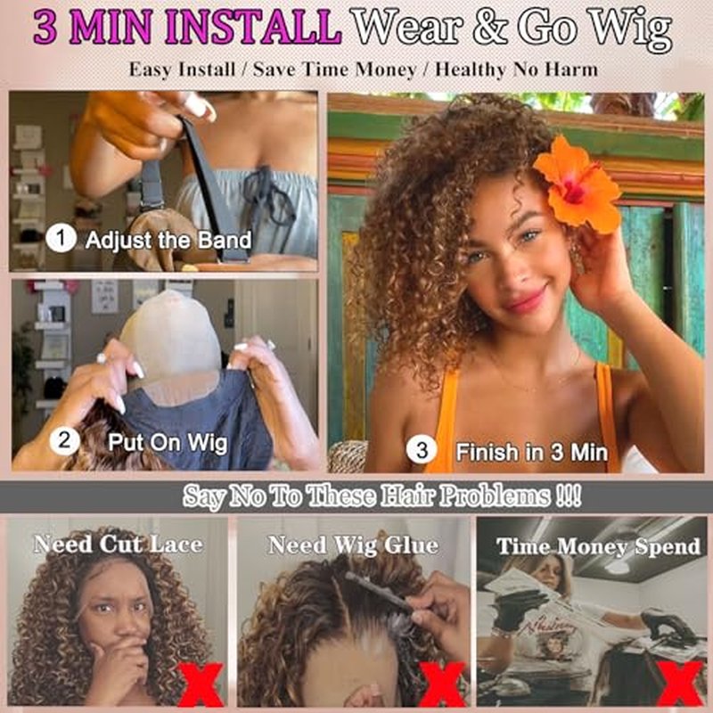 Ombre Highlight Glueless Wigs Human Hair Pre Plucked Pre Cut Curly Closure Wear and Go Glueless Wigs Human Hair Middle Part Balayage Water Wave Lace Frontal Human Hair Wigs for Black Women 4/27 18Inch