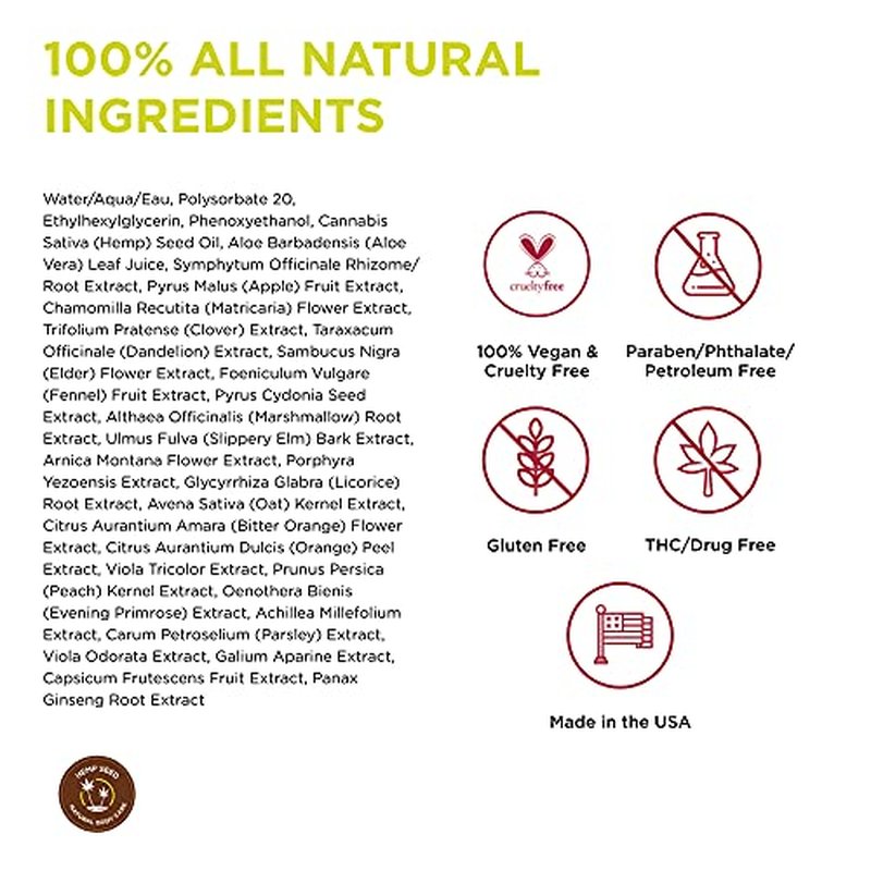 Hemp Seed Body Mist - 8 fl oz - Moisturizes, Invigorates & Protects Skin - With Hemp Seed Oil, Chamomile & Aloe Vera - Vegan, Cruelty Free