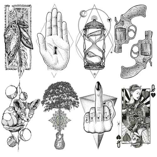 8 Sheets 3D Black Realistic Temporary Tattoos for Men Women Adults, Hand Finger Gun Hourglass Card Queen Tree Design Halloween Fake Half Arm Sleeve Tattoos Stickers Legs Kit Sets