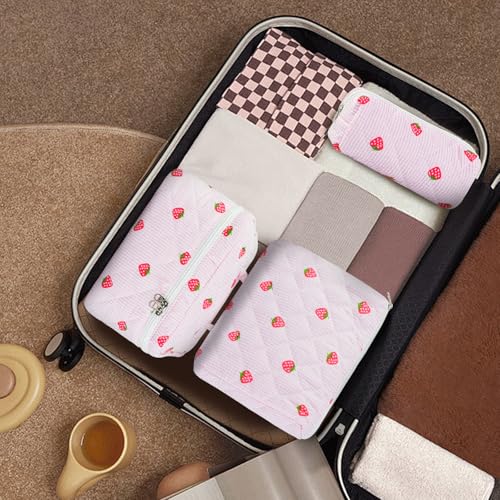 3PCS Makeup Bag Set, Quilted Cosmetic Bag, Large Travel Aesthetic Make up Bag, Cute Coquette Toiletry Bag for Women Girls